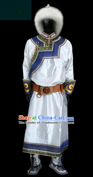 Traditional Chinese Mongol Nationality Dance Costume White Mongolian Robe, Chinese Mongolian Minority Nationality Royal Highness Clothing for Men