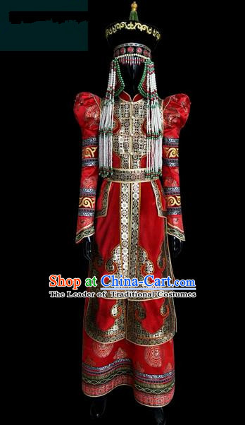 Traditional Chinese Mongol Nationality Dance Costume Female Red Pleated Dress, Chinese Mongolian Minority Nationality Princess Embroidery Wedding Clothing for Women