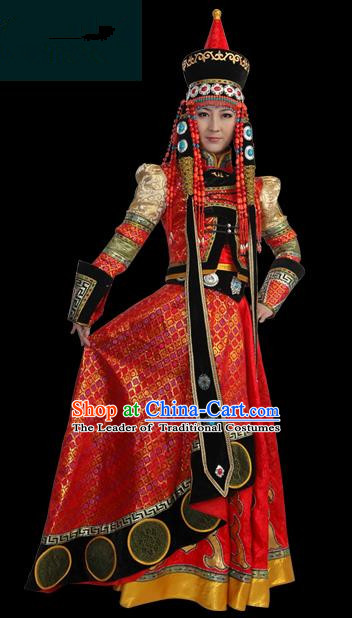 Traditional Chinese Mongol Nationality Wedding Costume Female Pleated Skirt, Chinese Mongolian Minority Nationality Princess Embroidery Costume for Women