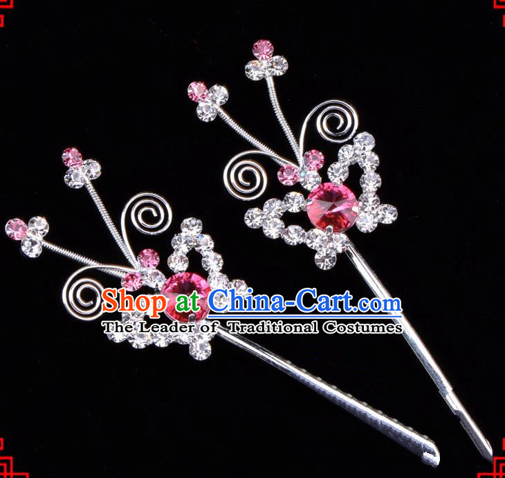 Traditional Beijing Opera Diva Hair Accessories Pink Crystal Butterfly Hairpins, Ancient Chinese Peking Opera Hua Tan Hair Stick Headwear