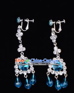 Traditional Beijing Opera Diva Jewelry Accessories Blue Crystal Earrings, Ancient Chinese Peking Opera Hua Tan Tassel Eardrop