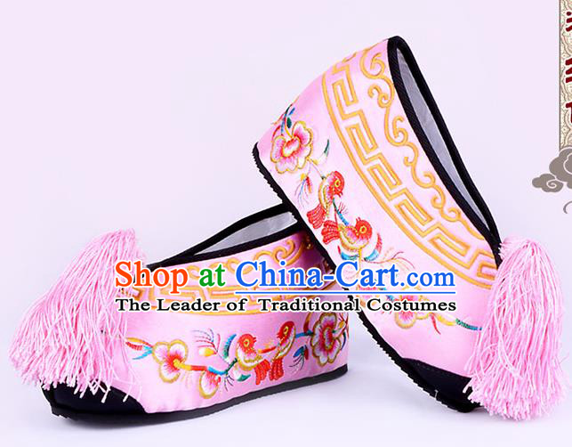 Traditional Beijing Opera Hua Tan Embroidered Shoes Young Lady Princess Shoes, Ancient Chinese Peking Opera Diva Pink Blood Stained Shoes