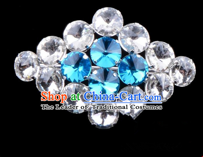 Traditional Beijing Opera Young Lady Jewelry Accessories Diva Blue Crystal Brooch, Ancient Chinese Peking Opera Hua Tan Breastpin