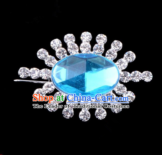 Traditional Beijing Opera Young Lady Jewelry Accessories Diva Crystal Blue Brooch, Ancient Chinese Peking Opera Hua Tan Breastpin