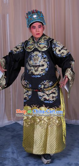 Top Grade Professional Beijing Opera Emperor Costume Black Embroidered Robe Gwanbok, Traditional Ancient Chinese Peking Opera Royal Highness Embroidery Dragons Clothing