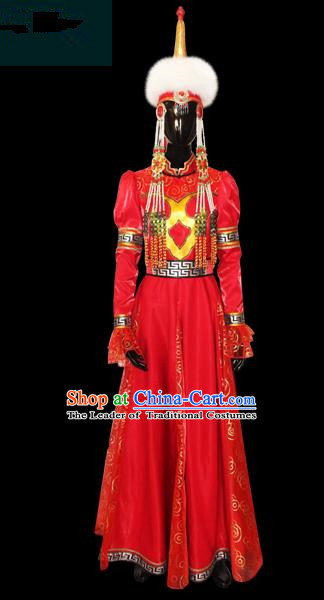 Traditional Chinese Mongol Nationality Dance Costume Female Pleated Skirt, Chinese Mongolian Minority Nationality Princess Embroidery Costume for Women