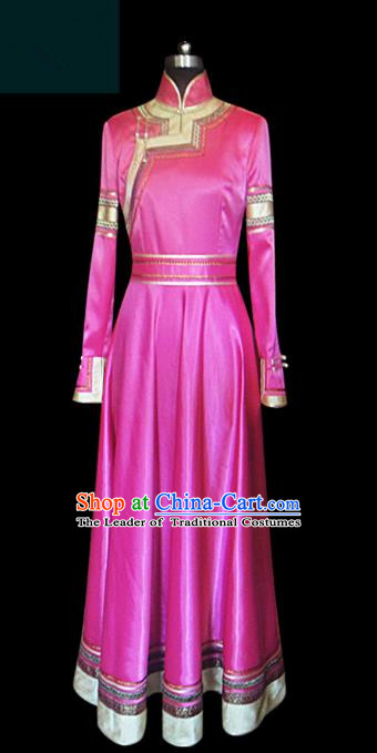 Traditional Chinese Mongol Nationality Dance Costume Princess Rosy Mongolian Robe, Chinese Mongolian Minority Nationality Embroidery Clothing for Women
