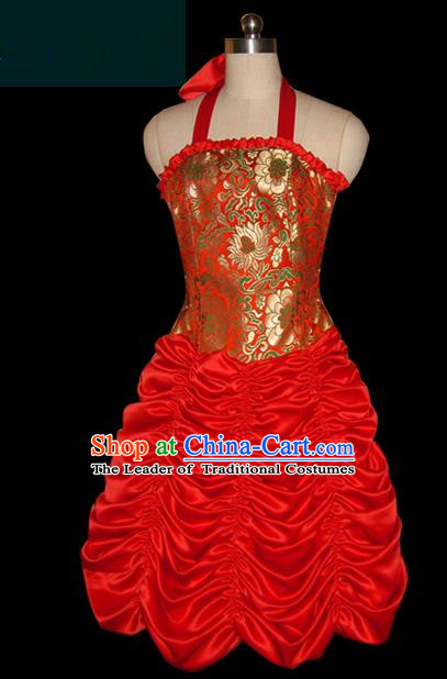 Traditional Chinese Mongol Nationality Dance Costume Female Red Bubble Dress, Chinese Mongolian Minority Nationality Princess Embroidery Clothing for Women