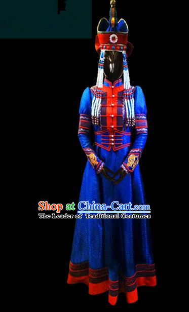 Traditional Chinese Mongol Nationality Dance Costume Female Royalblue Dress, Chinese Mongolian Minority Nationality Princess Mongolian Robe Embroidery Clothing for Women