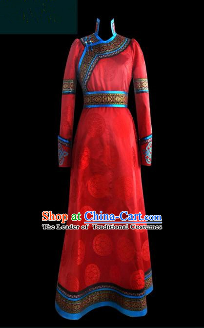 Traditional Chinese Mongol Nationality Dance Costume Palace Lady Red Mongolian Robe, Chinese Mongolian Minority Nationality Princess Embroidery Costume for Women