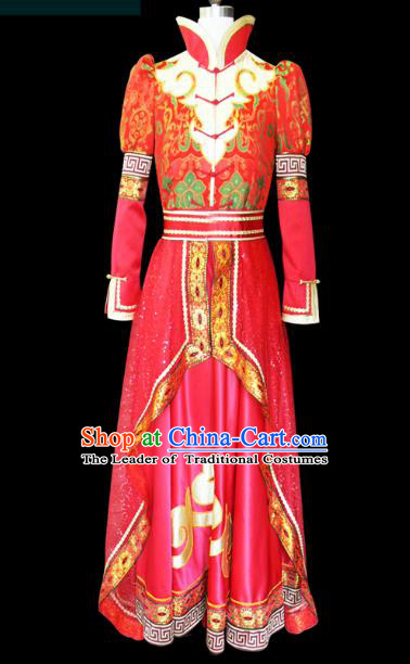 Traditional Chinese Mongol Nationality Dance Costume Female Red Pleated Skirt, Chinese Mongolian Minority Nationality Princess Embroidery Wedding Costume for Women