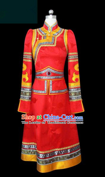 Traditional Chinese Mongol Nationality Dance Costume Young Lady Red Mongolian Robe, Chinese Mongolian Minority Nationality Princess Embroidery Wedding Costume for Women