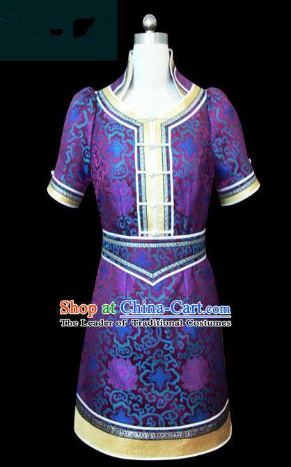 Traditional Chinese Mongol Nationality Dance Costume Purple Short Mongolian Robe, Chinese Mongolian Minority Nationality Young Lady Embroidery Dress for Women