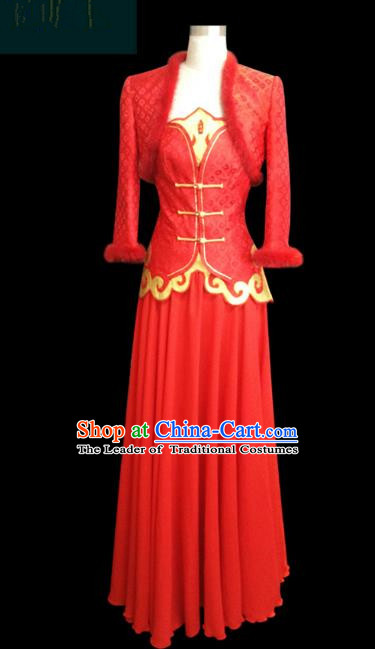 Traditional Chinese Mongol Nationality Dance Costume Red Wedding Mongolian Clothing, Chinese Mongolian Minority Nationality Young Lady Embroidery Dress for Women