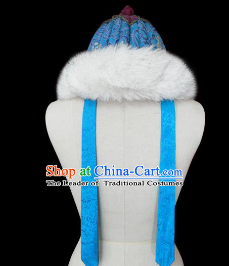 Traditional Chinese Mongol Nationality Royal Highness Blue Hat, Chinese Mongolian Minority Nationality Headwear for Men