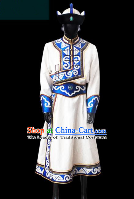 Traditional Chinese Mongol Nationality Costume Male White Mongolian Robe, Chinese Mongolian Minority Nationality Clothing for Men