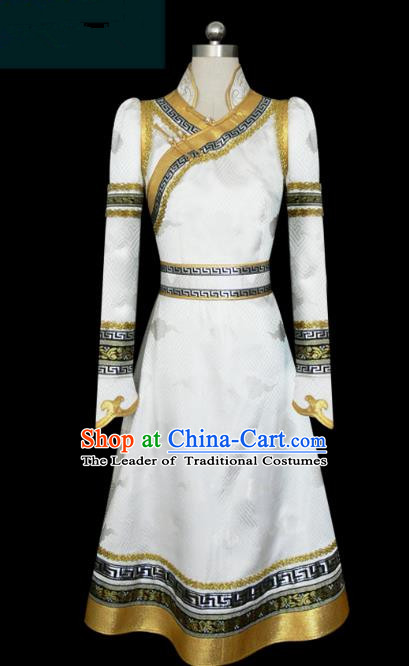 Traditional Chinese Mongol Nationality Dance Costume White Mongolian Robe, Chinese Mongolian Minority Nationality Clothing for Women