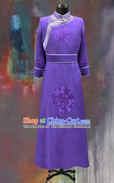 Traditional Chinese Mongol Nationality Costume Wedding Clothing, Chinese Mongolian Minority Nationality Bridegroom Purple Mongolian Robe for Men