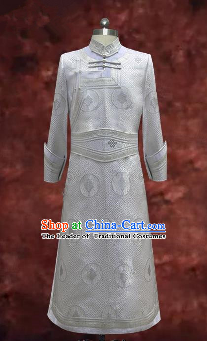 Traditional Chinese Mongol Nationality Costume White Mongolian Robe, Chinese Mongolian Minority Nationality Dance Clothing for Men