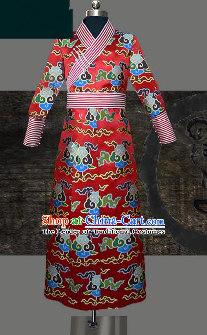 Traditional Chinese Mongol Nationality Dance Costume Red Wedding Mongolian Robe, Chinese Mongolian Minority Nationality Royal Highness Embroidery Costume for Men