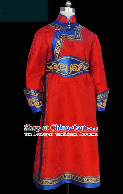 Traditional Chinese Mongol Nationality Costume Red Mongolian Robe, Chinese Mongolian Minority Nationality Clothing for Men