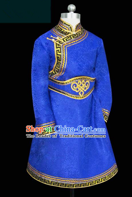 Traditional Chinese Mongol Nationality Costume Blue Mongolian Robe, Chinese Mongolian Minority Nationality Clothing for Men
