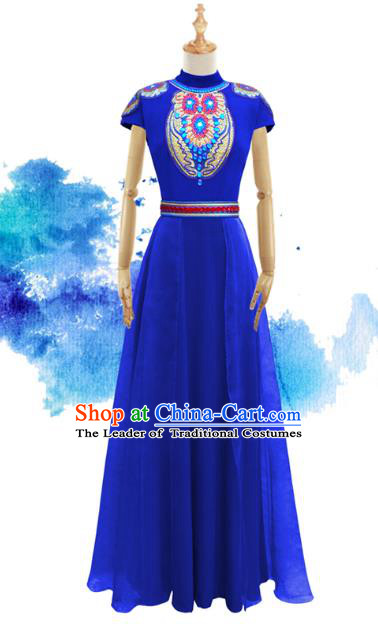 Traditional Chinese National Costume Elegant Hanfu Blue Mongolia Dress, China Tang Suit Plated Buttons Chirpaur Cheongsam Qipao for Women