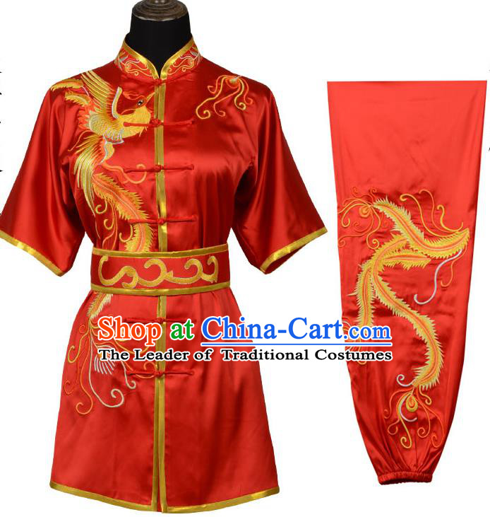 Top Kung Fu Costume Martial Arts Costume Kung Fu Training Red Uniform, Gongfu Shaolin Wushu Embroidery Phoenix Tai Ji Clothing for Women