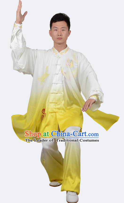 Top Kung Fu Costume Martial Arts Costume Kung Fu Training Yellow Uniform, Gongfu Shaolin Wushu Embroidery Dragon Tai Ji Clothing for Women for Men