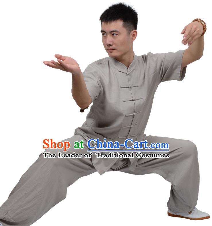 Top Kung Fu Linen Costume Martial Arts Costume Kung Fu Training Short Sleeve Grey Uniform, Gongfu Shaolin Wushu Tai Ji Plated Buttons Clothing for Women for Men