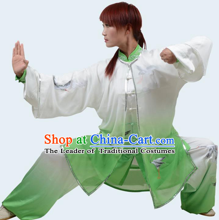 Top Kung Fu Costume Martial Arts Costume Kung Fu Training Gradient Green Uniform, Gongfu Shaolin Wushu Embroidery Crane Tai Ji Clothing for Women for Men