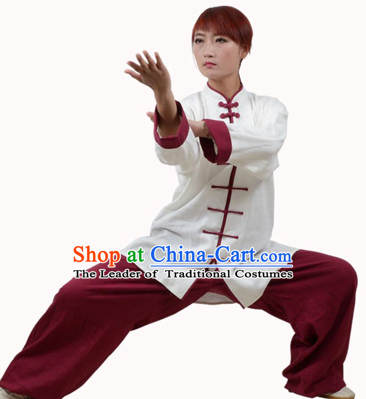 Top Kung Fu Linen Costume Martial Arts Costume Kung Fu Training White Shirt and Red Pants, Tai Ji Plated Buttons Uniform Gongfu Wushu Clothing for Women for Men
