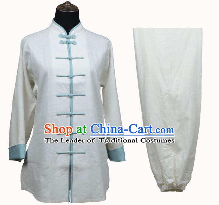 Top Kung Fu Linen Costume Martial Arts Costume Kung Fu Training White Shirt and Pants, Tai Ji Light Blue Plated Buttons Uniform Gongfu Wushu Clothing for Women for Men