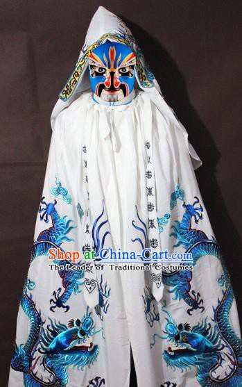 Traditional China Beijing Opera Costume Embroidery Dragon Cloak, Chinese Peking Opera General White Embroidered Cape