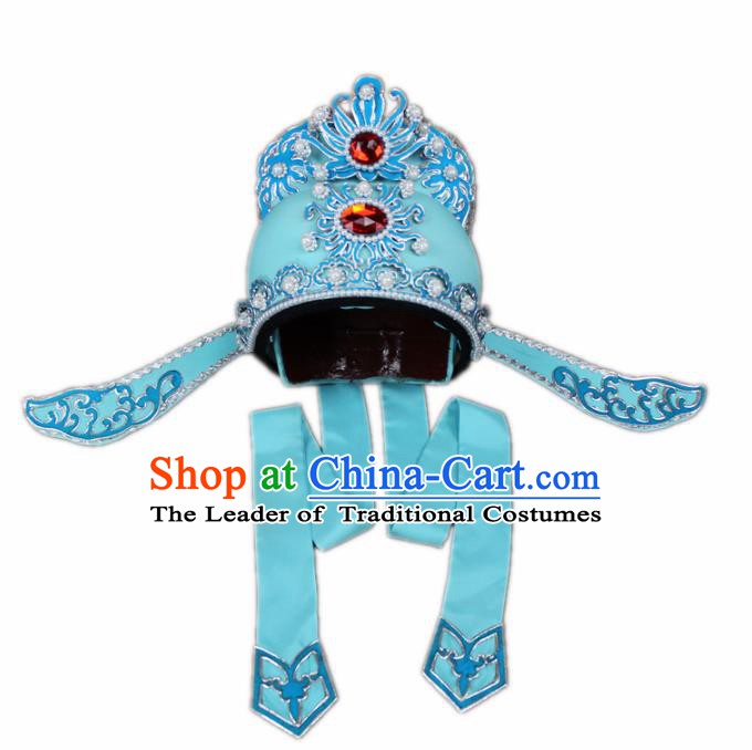 Traditional China Beijing Opera Share-win Scholar Blue Hats, Chinese Peking Opera Niche Headwear