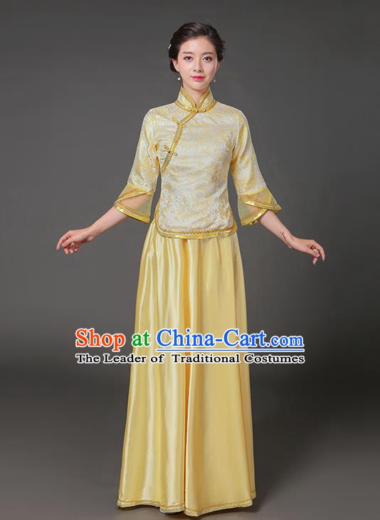 Traditional Chinese Republic of China Nobility Lady Clothing, China National Yellow Cheongsam Blouse and Skirt for Women