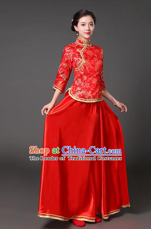 Traditional Chinese Republic of China Nobility Lady Clothing, China National Red Cheongsam Blouse and Skirt for Women