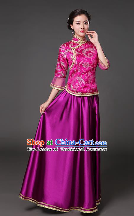 Traditional Chinese Republic of China Nobility Lady Clothing, China National Rosy Cheongsam Blouse and Skirt for Women