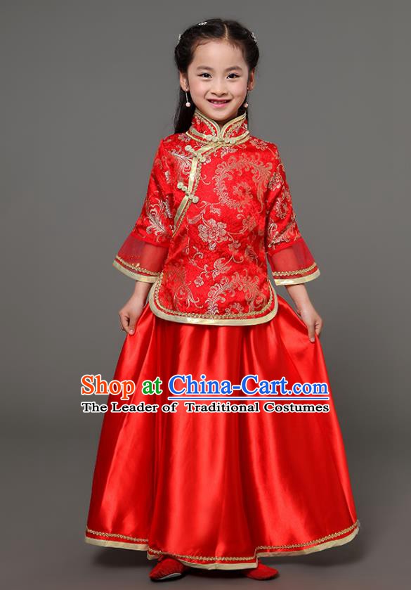 Traditional Chinese Republic of China Children Xiuhe Suit Clothing, China National Embroidered Red Cheongsam Blouse and Skirt for Kids