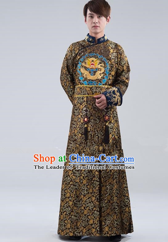 Traditional Ancient Chinese Qing Dynasty Prince Costume, China Manchu Nobility Childe Black Embroidered Robe Clothing for Men