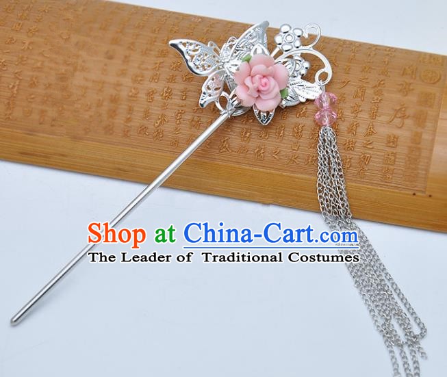 Traditional Chinese Handmade Hair Accessories Princess Hairpins Hanfu Pink Flower Tassel Step Shake for Kids
