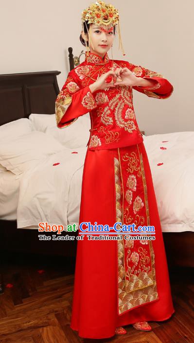 Ancient Chinese Wedding Costume Xiuhe Suits Traditional Women Longfeng Dragon and Phoenix Flown Bride Toast Cheongsam