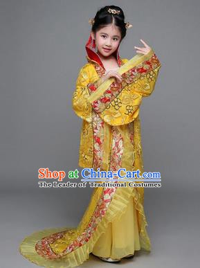 Traditional Chinese Tang Dynasty Imperial Concubine Costume, China Ancient Palace Lady Hanfu Embroidered Yellow Dress for Kids