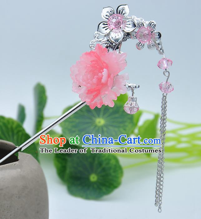 Traditional Handmade Chinese Ancient Classical Hair Accessories Pink Flower Hairpins Tassel Step Shake for Kids