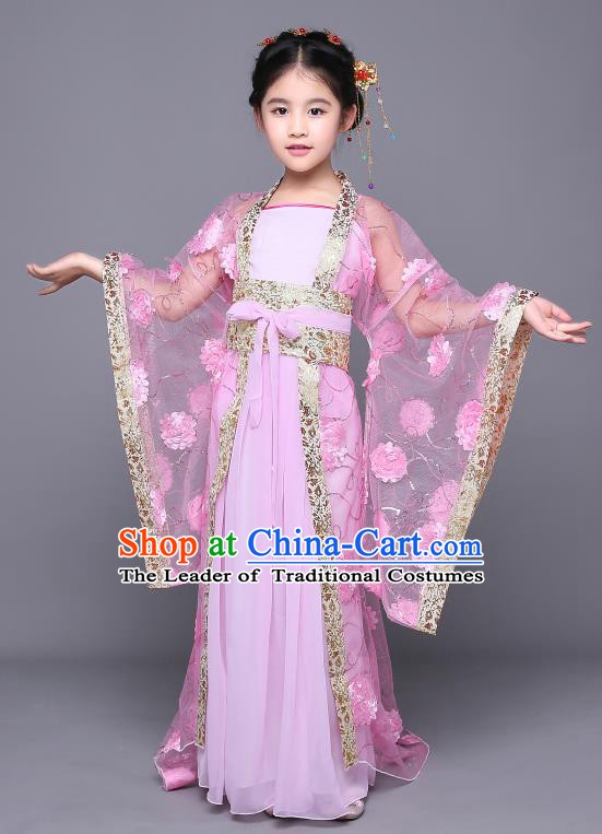 Traditional Chinese Tang Dynasty Imperial Concubine Embroidered Pink Costume, China Ancient Palace Lady Hanfu Clothing for Kids