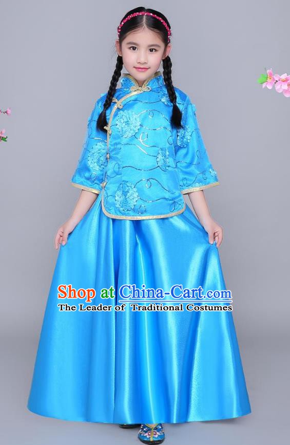 Traditional Chinese Republic of China Nobility Lady Clothing, China National Embroidered Blue Blouse and Skirt for Kids