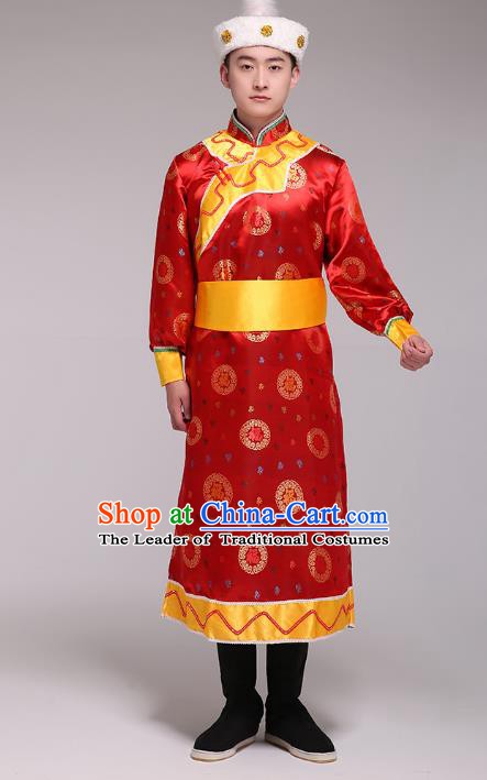 Traditional Chinese Mongol Nationality Dance Costume, Mongolian Minority Folk Dance Embroidery Red Mongolian Robe for Men