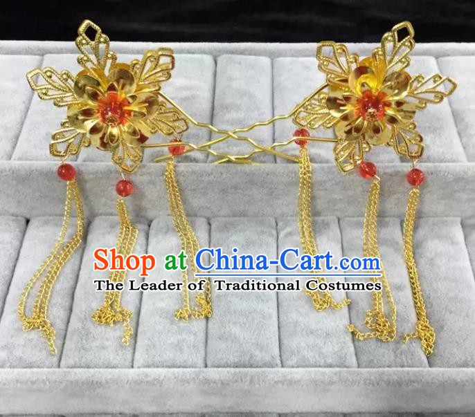 Traditional Handmade Chinese Classical Hair Accessories Golden Flowers Hairpins for Women