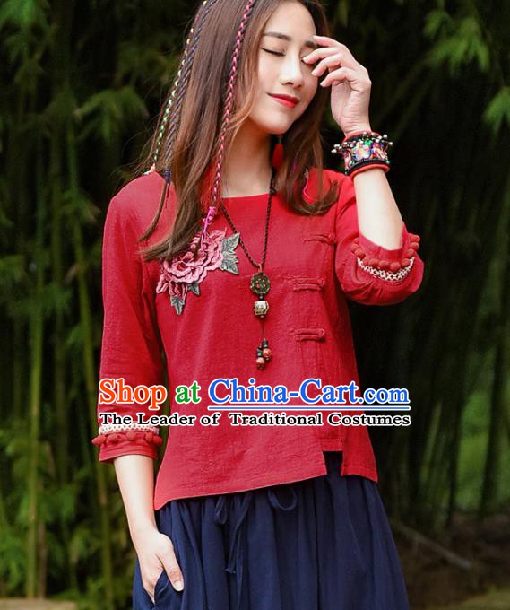 Traditional Chinese National Costume Hanfu Embroidery Peony Red Blouse, China Tang Suit Cheongsam Upper Outer Garment Shirt for Women