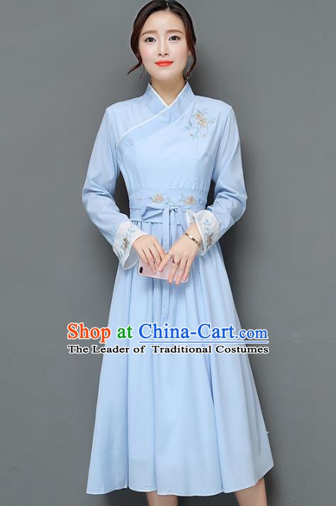 Traditional Chinese National Costume Hanfu Embroidered Blue Dress, China Tang Suit Cheongsam for Women